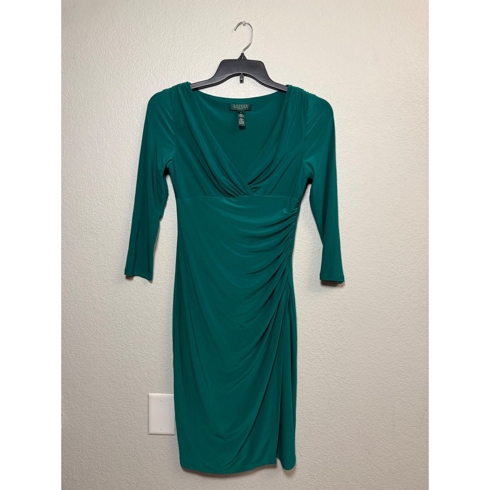 Lauren Ralph Lauren Green Ruched Surplice V-Neck Sheath Dress Size 4